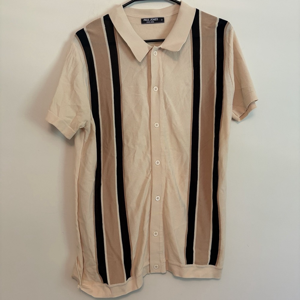 Paul Jones Medium Knit Polo Shirt Beige Vertical Stripe Mod Retro Button Collar